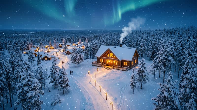 Santa's village at dusk under the northern lights